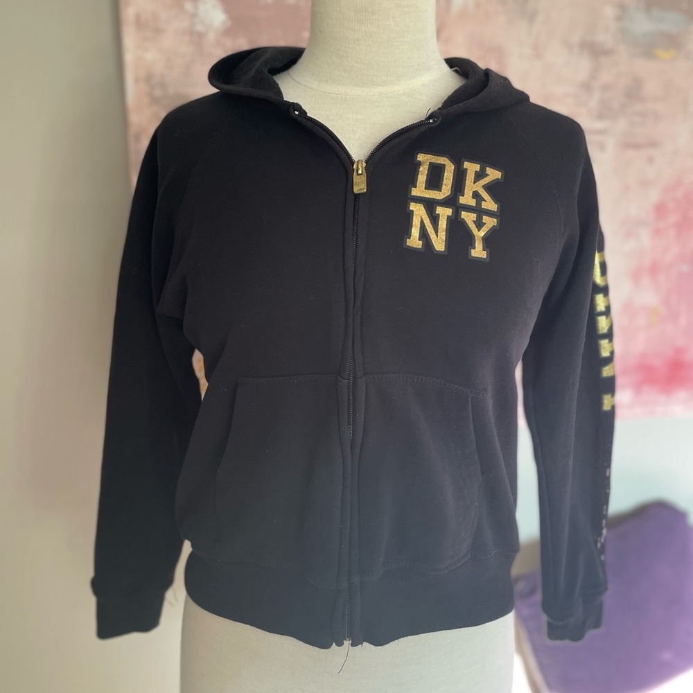 DKNY kids black hoodie with gold print,black sequins strip on sleeve size 14/16